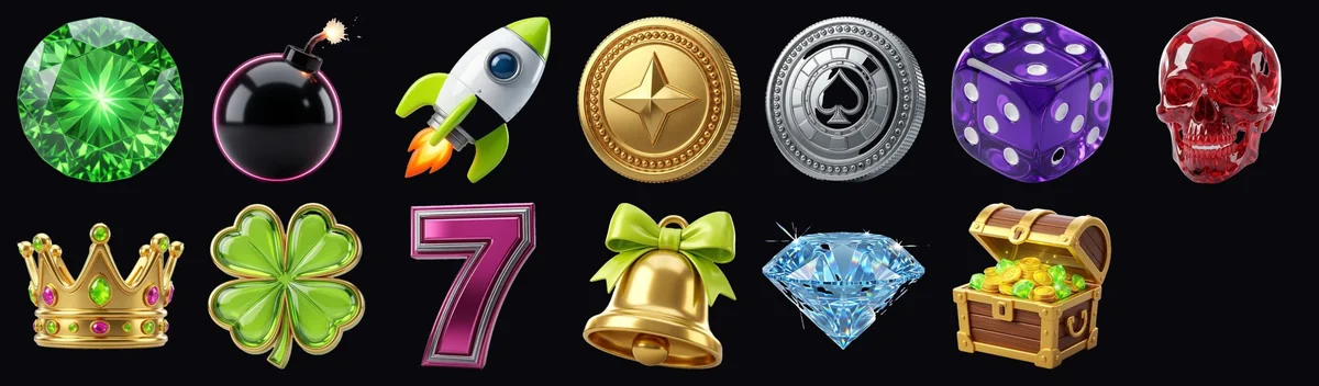 The Scatterhaus Originals icon set: bell, bomb, chest, clover, coins, crown, diamond, die, gem, rocket, seven and skull