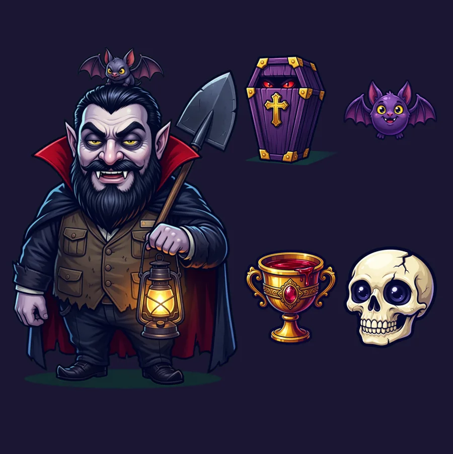 Direction A: illustrated Vlado, coffin, bat, goblet and skull