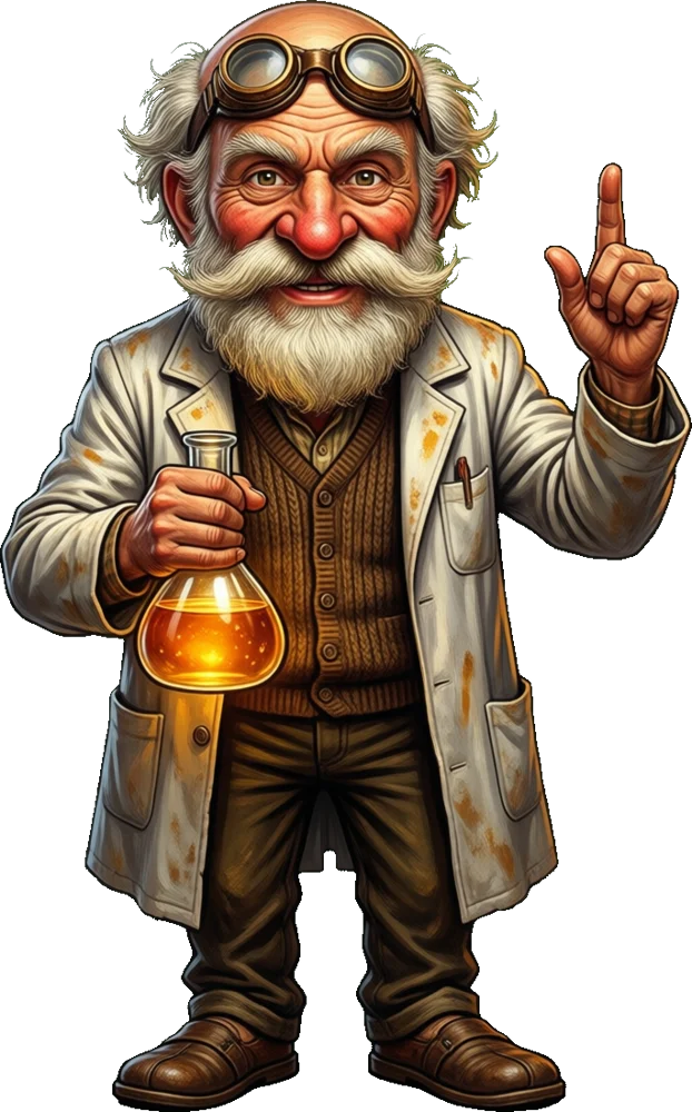 Grandpa Pete in his lab coat, holding a flask and pointing up at the offer