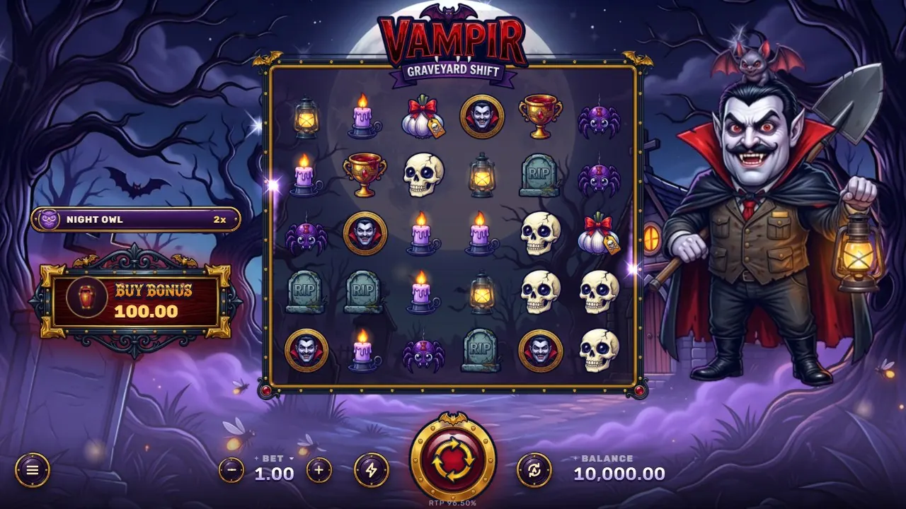 Vampir: Graveyard Shift base game with Uncle Vlado and the bats, captured from the live game build