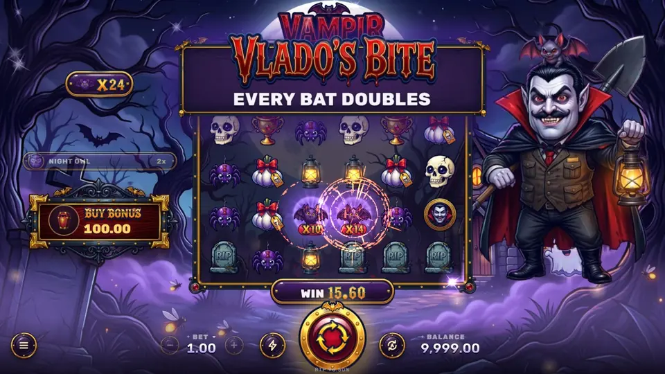 The Vlado's Bite title over the board, two Bats doubled to ×10 and ×14