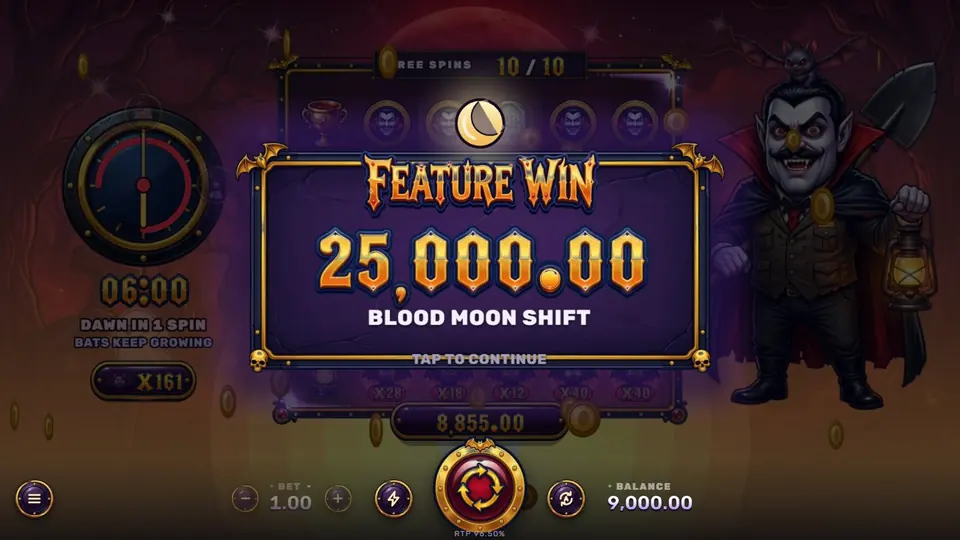 The Feature Win panel showing 25,000.00 for the Blood Moon Shift