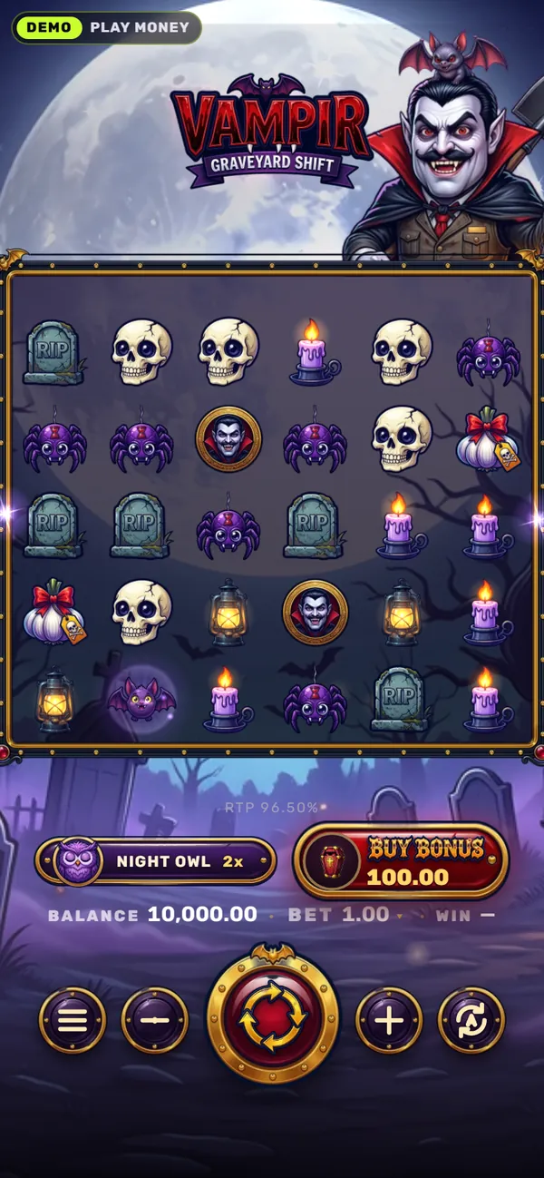 Vampir: Graveyard Shift on a phone in portrait: the logo and Vlado above the 6×5 board, Night Owl and Buy Bonus above the spin button